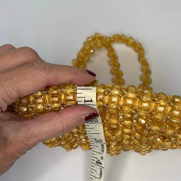 Vintage 1690's Handmade Acrylic Crystal Beaded Handle Bag Evening Bag Yellow - Picture 9 of 11